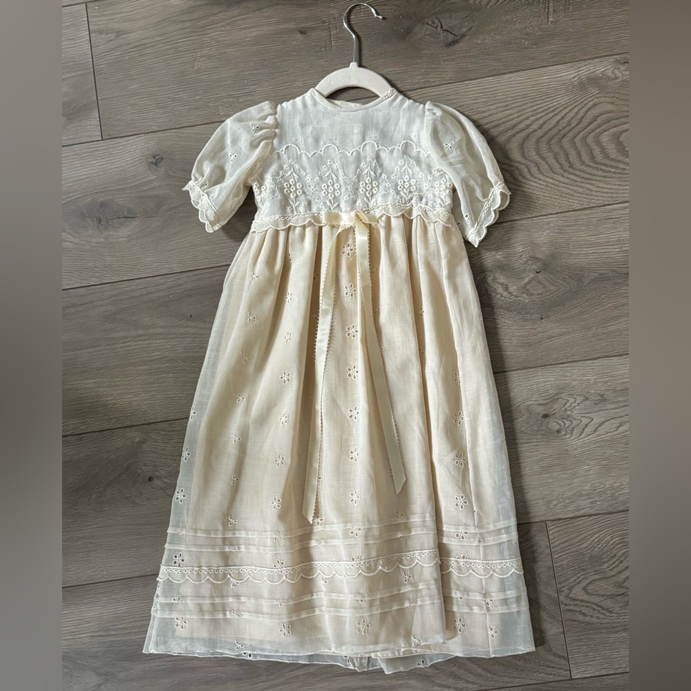 Vintage Baptism Christening Baby Gown | Ivory Organza Eyelet Spring Floral Dress